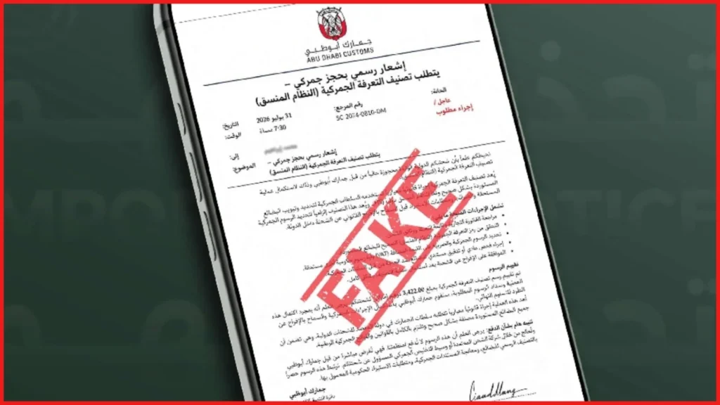 Abu Dhabi Customs fake message warning